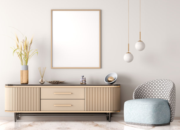 现代客厅内部与餐具柜在白墙。有梳妆台和蓝色扶手椅的现代房间。有海报的家居设计。三维渲染图片下载