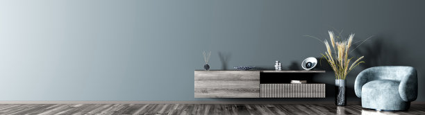 现代客厅内部与灰色木质餐具柜在蓝色的墙壁。有扶手椅的现代房间。家居设计。全景。3 d渲染图片下载