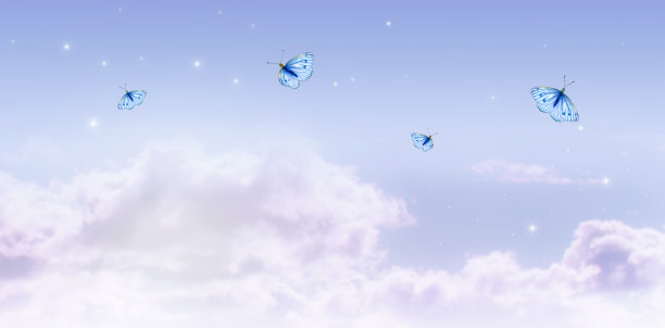 梦幻童话旗帜背景的神话早晨黎明乌云密布的天空与飞翔的蝴蝶，闪亮的星星和神秘的云图片下载