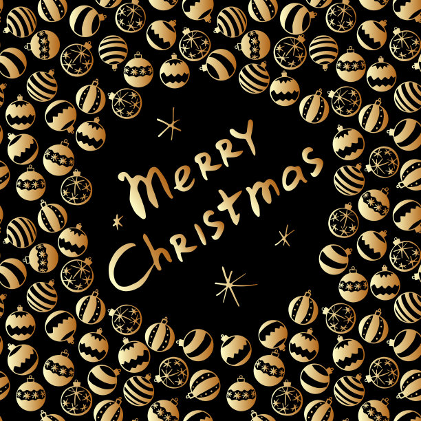 矢量框架分散的金色圣诞树球在涂鸦平坦的风格。圣诞快乐刻字。节日海报，镶边，装饰冬季假期图片下载