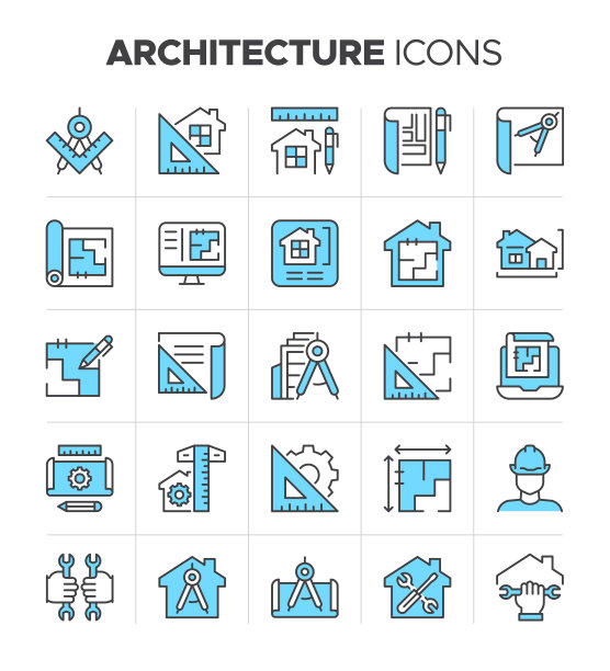 建筑图标设置容易着色。建筑符号集。架构工具、构造图标和架构图图片下载