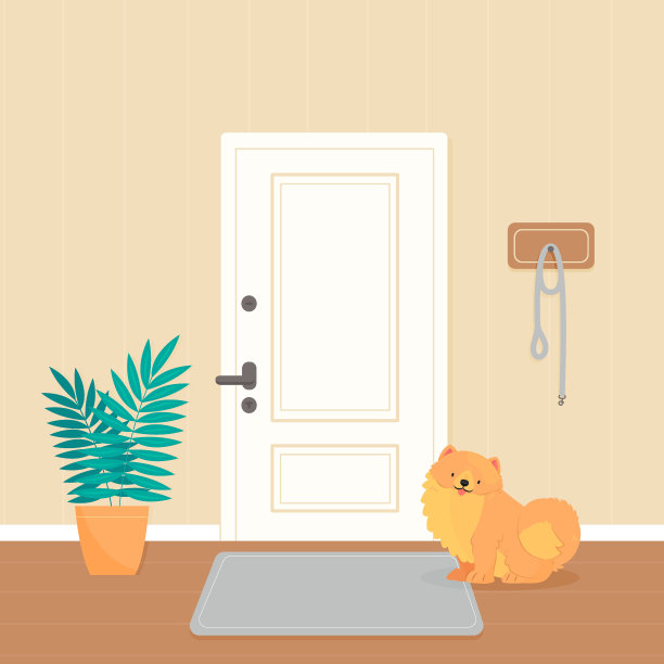 一只波美拉尼亚狗正等着散步。这只狗正坐在走廊门边。向量宠物插图。图片下载