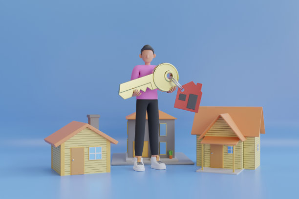 3d模型房子符号集和钥匙。房地产和物业概念。带有金钥匙的房子的标志。三维渲染图片下载