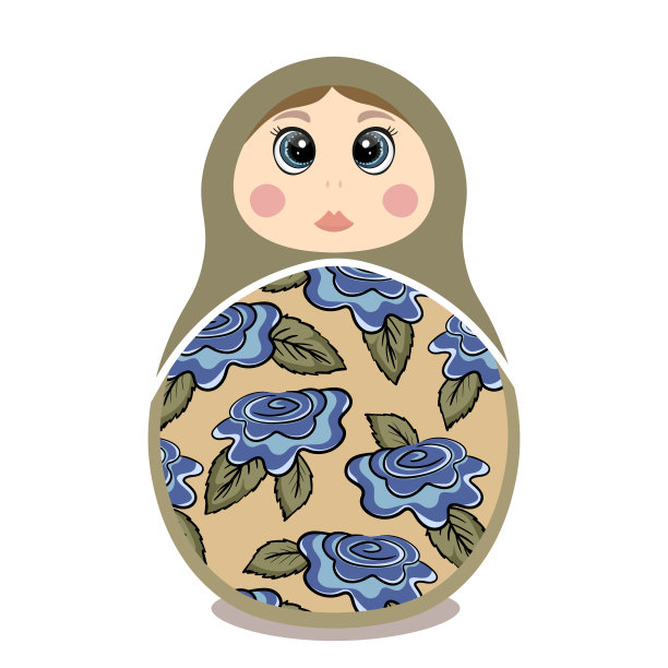 俄罗斯套娃。有大眼睛和大嘴唇的传统俄罗斯民间传说娃娃。巴布什卡娃娃与holhloma，传统的绘画花卉图案。手绘矢量图图片下载