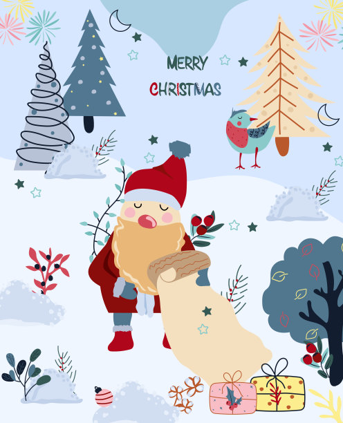 圣诞快乐冬季贺卡：圣诞老人正在读信，圣诞树等。圣诞节和新年概念，适用于贺卡、海报、明信片、banner。矢量素材。图片下载
