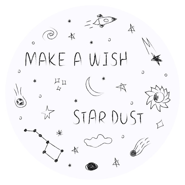 在圆圈里涂鸦宇宙插画，设计剪贴画。手绘抽象空间元素与字母。黑色和白色。图片下载