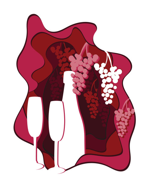 剪纸红酒配酒杯和葡萄串图片下载