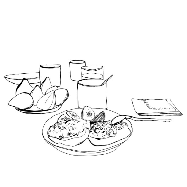 手绘的货物。浪漫晚餐。桌上有食物和饮料图片下载