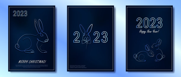 三款以线性兔子为象征的2023年新年贺卡。图片下载