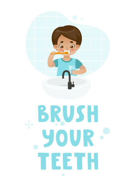 儿童牙科卫生海报。横幅上画着一个卡通男孩在水池前刷牙。刷牙发短信。图片下载