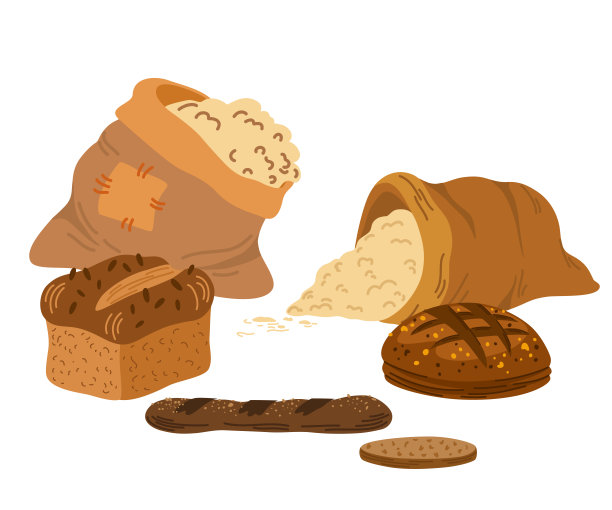 袋装面粉，小麦和面包。小麦，黑麦，黑麦穗，农业的象征，面包，收获。全麦酵母烤面包。食物的迹象。全茎，有机素食元素。矢量插图。图片下载