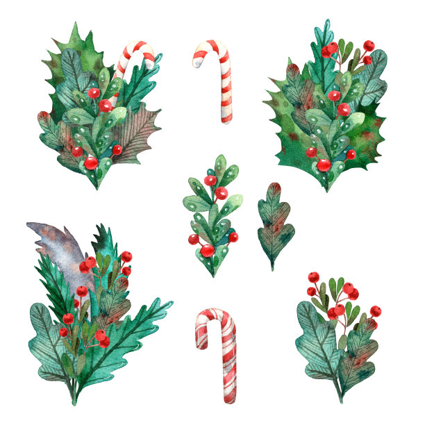 水彩的圣诞节。可爱的圣诞树玩具，花环，礼物和圣诞装饰。手绘插图。可爱的卡通风格。圣诞卡片和印刷品的有趣艺术。丰富多彩的节日插图。图片下载
