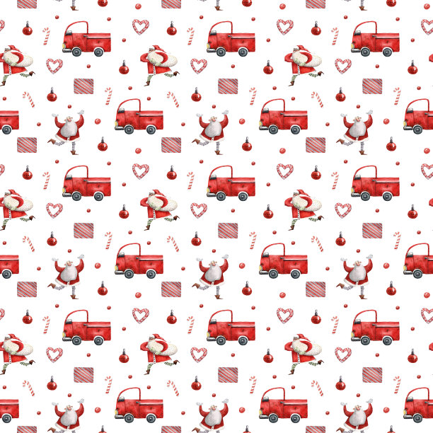 水彩圣诞模式。可爱的无缝纹理。包装纸设计。圣诞树玩具、圣诞老人、槲寄生等元素。圣诞传统装饰快乐。手绘卡通风格。新年礼物。图片下载