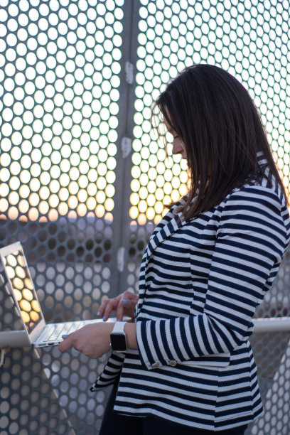 垂直肖像的微笑高加索妇女工作在她的电脑在日落图片下载