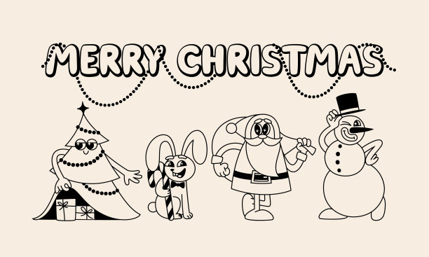 一套有趣的复古插画。复古风格的矢量字符。绝妙的嬉皮圣诞剪贴画。圣诞老人，圣诞树，雪人，兔子和礼物图片下载