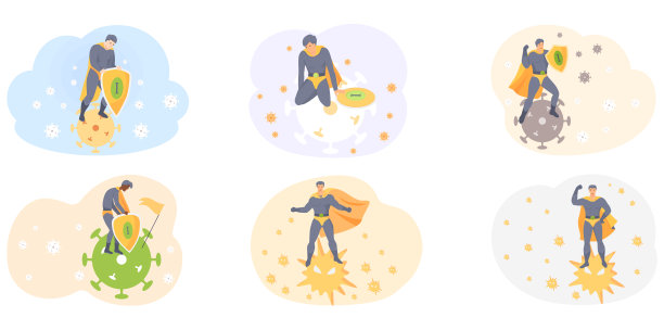 一组以超级英雄为象征与病毒作斗争的插图。穿古装的人保护健康图片下载