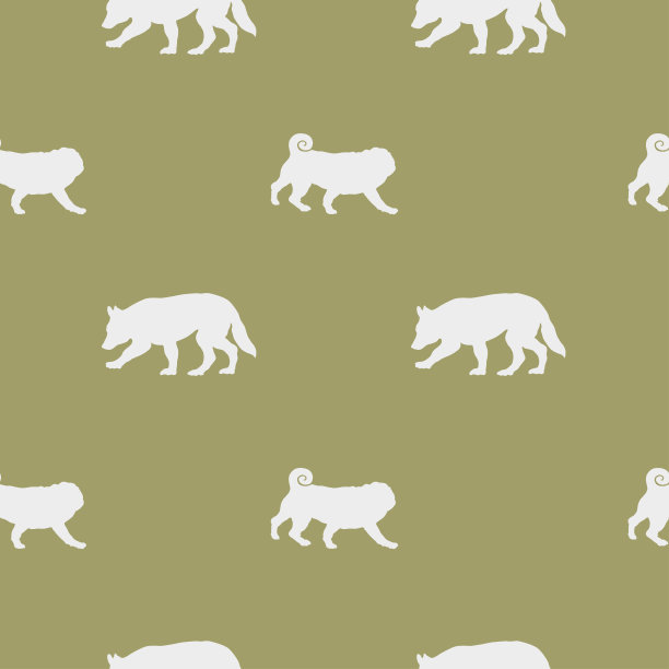 无缝模式。无尽的纹理。散步的白色瑞士牧羊犬小狗和拖把小狗。狗的剪影。设计墙纸，织物，装饰。图片下载