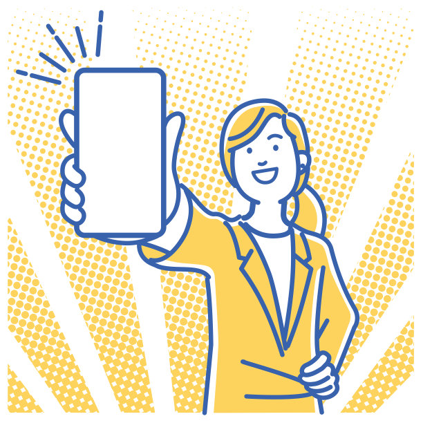 一个穿着西装的年轻女子拿着智能手机在解释图片下载