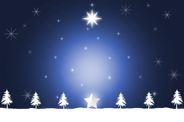 圣诞树和星星，白色的雪景背景插画图片下载