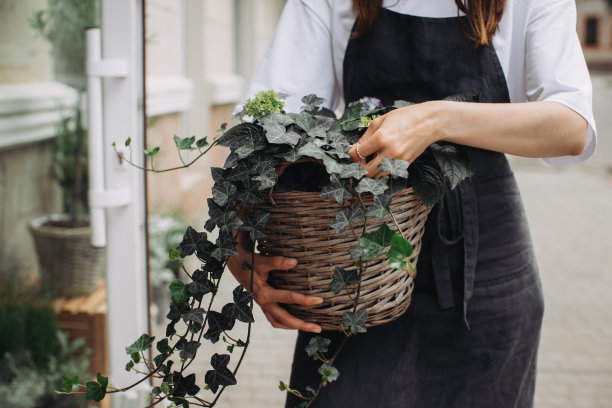 花店旁边长着常春藤的花店女孩。特写照片图片下载