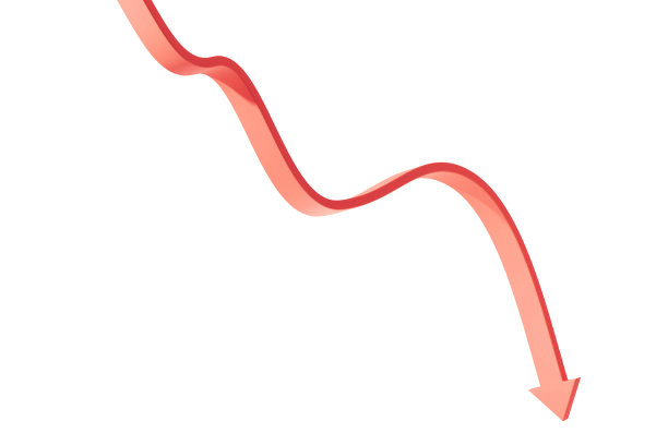 红色箭头。Down，衰落或危机的概念。图片下载