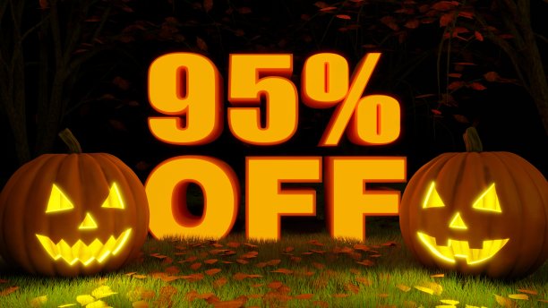 3d效果图3d字母写着“95折”，与万圣节南瓜在黑暗的森林里与橙色的叶子在地上，秋天，万圣节促销95折。图片下载