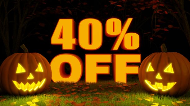 3d渲染的3d字母写着“四折”，与万圣节南瓜在黑暗的森林里与橙色的叶子在地上，秋天，万圣节促销四折。图片下载