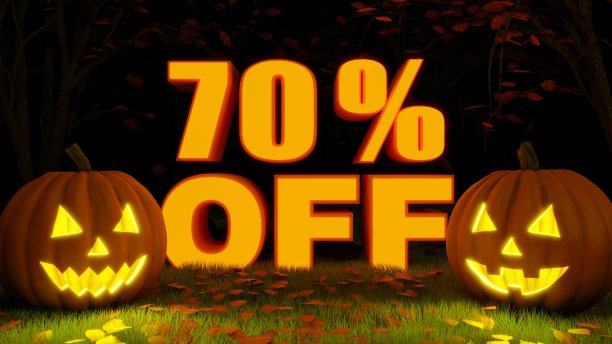 3d渲染的3d字母写着“七折”，与万圣节南瓜在黑暗的森林里与橙色的叶子在地上，秋天，万圣节促销七折。图片下载