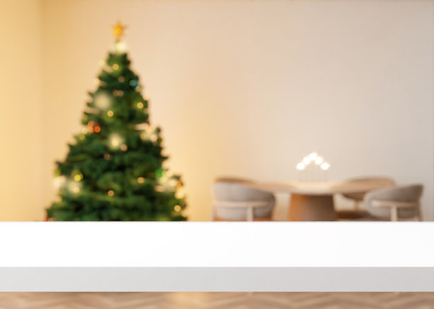 空的白色桌面和模糊的圣诞室内背景。圣诞节的时间。复制空间为你的对象，产品，食物展示。3 d渲染。图片下载