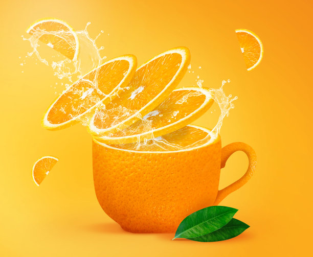 橙茶泼洒创意海报，传单，横幅。新鲜橙汁或茶。鲜榨橙图片下载