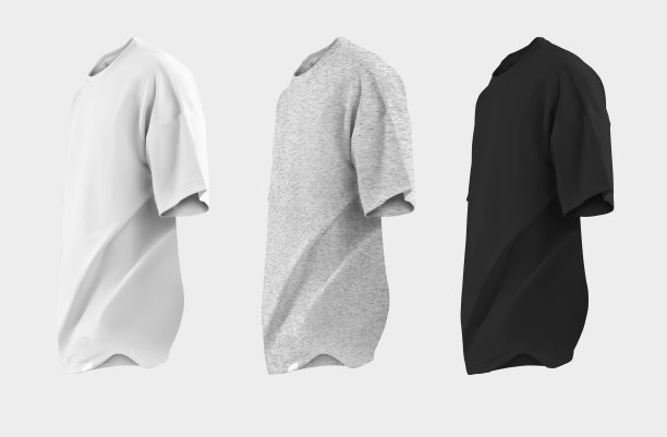 超大号的白色。黑色和hearher t恤模板3D渲染，通用棉服装与皱纹，孤立的背景。图片下载