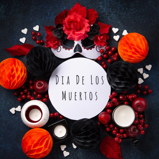 深蓝色背景上的墨西哥物体。墨西哥的亡灵节和万圣节，亡灵节。图片下载