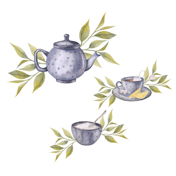 水彩插图茶具。手绘卡片孤立在白色背景上。茶具水彩插图包装设计，炊具。图片下载