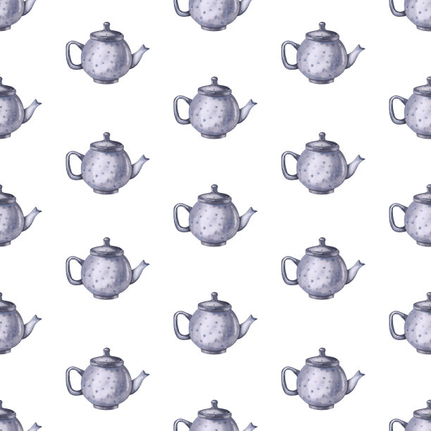水彩插图茶壶。白色背景上的手绘图案。用于包装设计的茶壶插图，炊具。图片下载