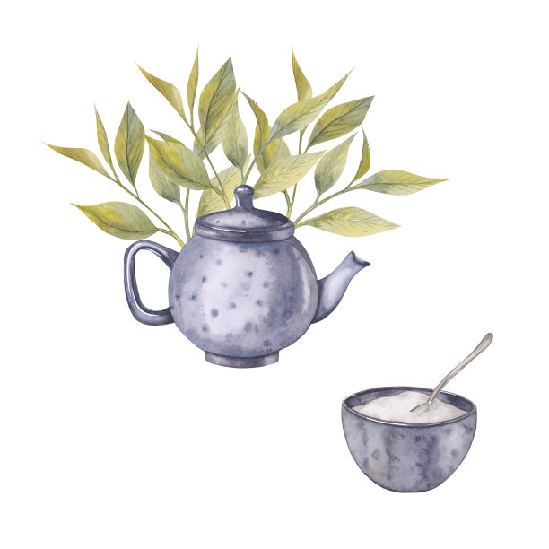 水彩插图茶壶和糖碗。手绘卡片孤立在白色背景上。茶壶和糖碗的包装设计插图，烹饪用具。图片下载