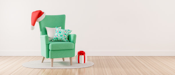 绿色扶手椅，配有圣诞帽和礼品盒。圣诞装饰室内设计3d渲染图片下载