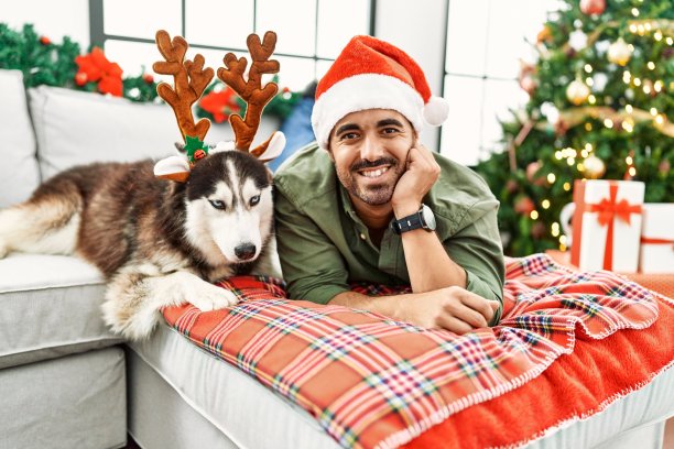 年轻的西班牙人躺在沙发上，狗戴着驯鹿帽子在圣诞树旁，在家里图片下载
