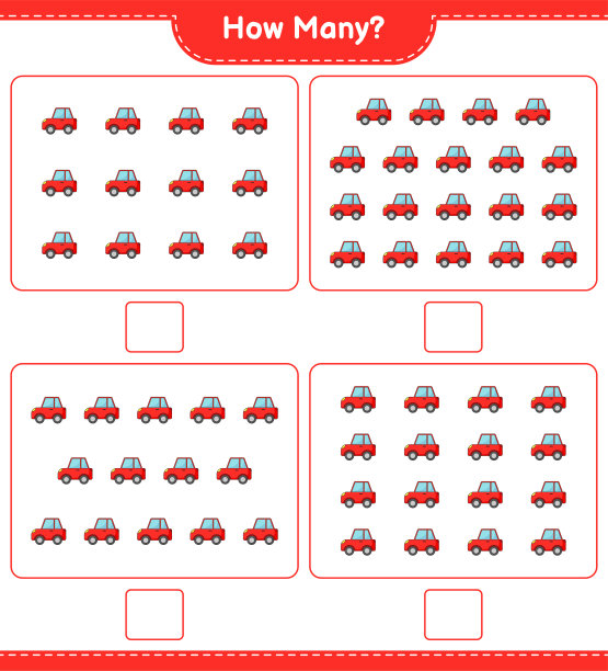 数数游戏，多少辆车。教育儿童游戏，可打印的工作表，矢量插图图片下载