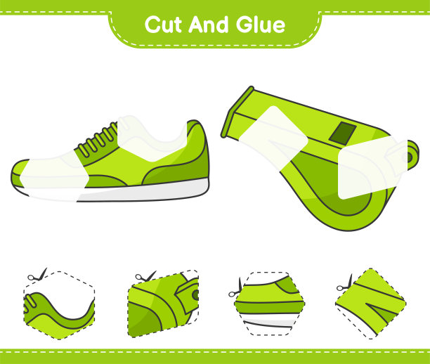 切割和胶水，切割部分运动鞋，哨子和胶水他们。教育儿童游戏，可打印的工作表，矢量插图图片下载