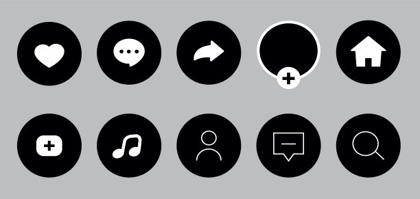 社交媒体应用中的社交媒体界面。音乐和视频应用程序图标。图片下载