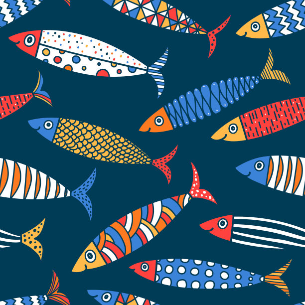 可爱的沙丁鱼。孩子们的背景。无缝模式。图片下载