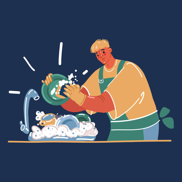 一个年轻人在厨房里洗盘子的卡通矢量插画图片下载