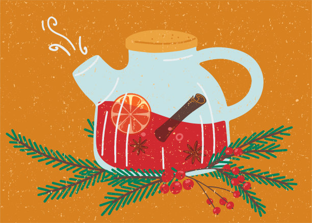 热茶壶和冬天的饮料。香草茶加肉桂，八角和橘子。用圣诞树的树枝泡茶。舒适的圣诞茶。平面风格的矢量插图。图片下载