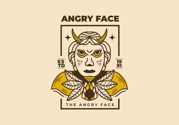 一个带角的平脸男人的复古插画图片下载