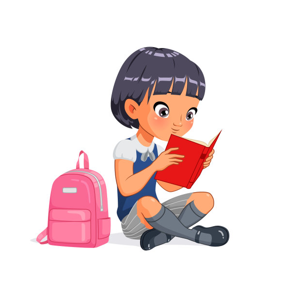 可爱的亚洲小女孩坐在地板上看书。卡通矢量插图。图片下载