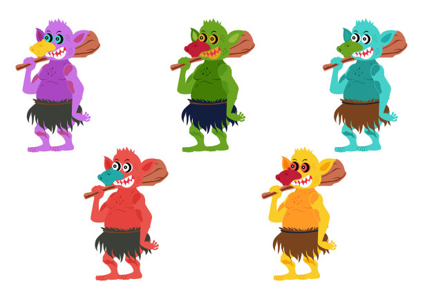 五个不同颜色的妖精。一组带狩猎工具的妖精或巨魔，孤立在白色背景上。矢量插图的五个不同颜色的妖精图片下载