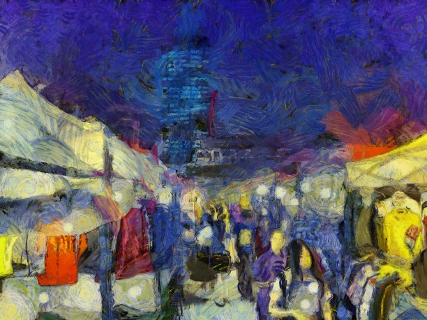 曼谷夜市插图创造了印象派风格的绘画。图片下载