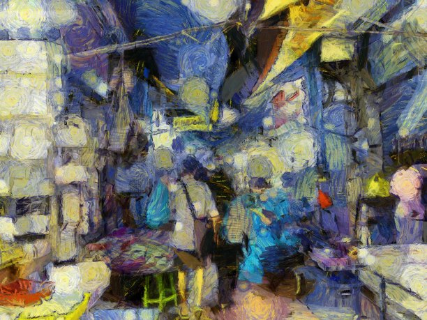 曼谷夜市插图创造了印象派风格的绘画。图片下载