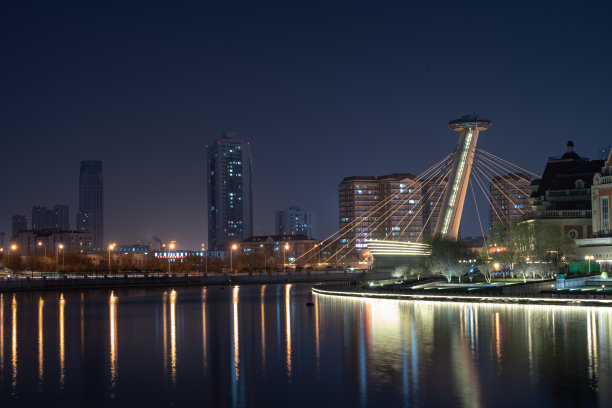 中国海河沿岸，天津市著名的夜景桥图片下载
