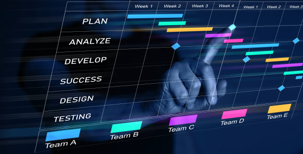 业务项目管理系统。项目经理在虚拟屏幕上使用甘特图调度界面更新任务和里程碑进度计划。图片下载
